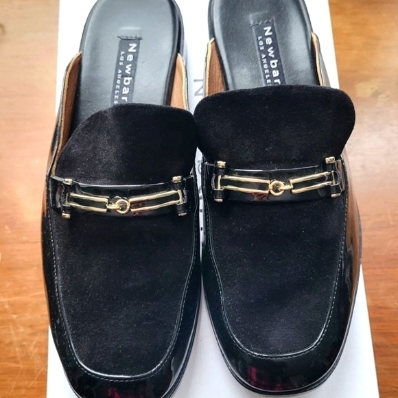 Newbark Melanie Mules Black Patent Leather Suede Loafers Slip Ons - Picture 1 of 14